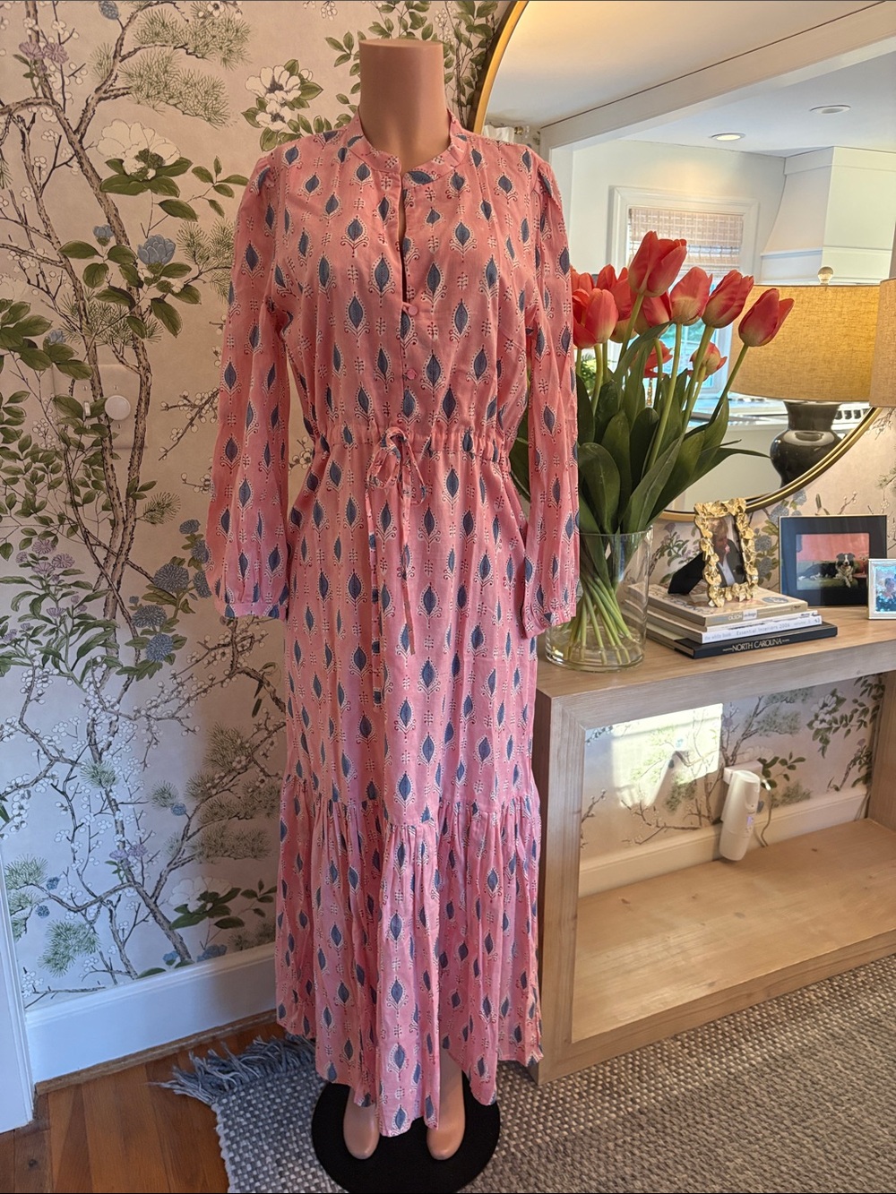 Emerson Fry Pink Maxi Dress with Blue Leaf Motif